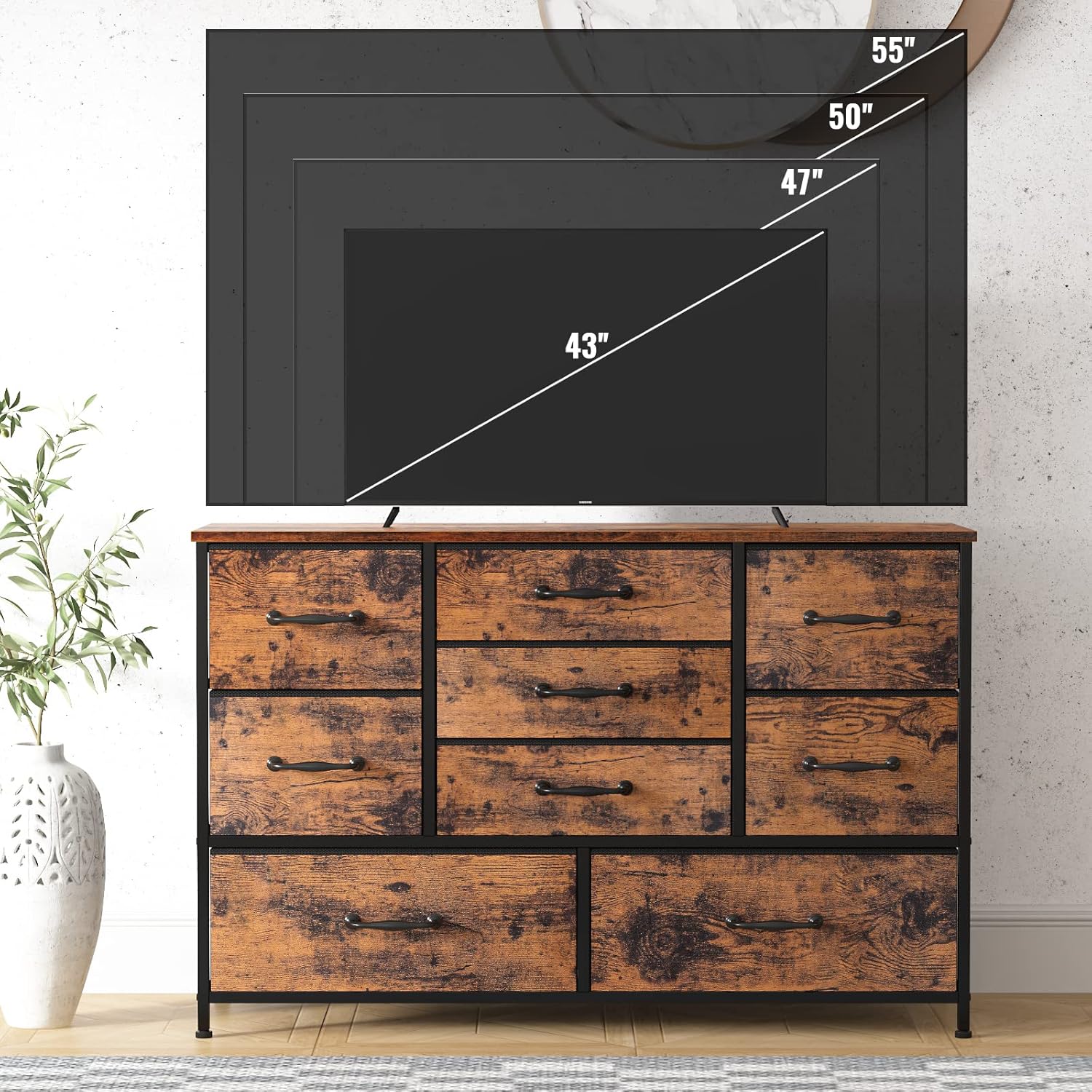 Furnulem Vertical End Table and Nightstand for Bedroom, Wide Dresser with 9 Large Drawers for 55'' Long TV Stand Entertainment Center for Bedroom,Living Room,Closet,Entryway,Sturdy Metal Frame
