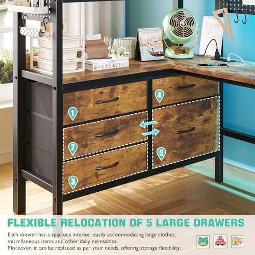 Loft Bed Twin Size, Twin Loft Bed with Desk, Metal Bunk Bed with Desk Underneath and LED Lights & Charging Station, L-Shaped Desk and Storage,5 Drawer&2 Pegboards, Safety Guard Ladder, Brown