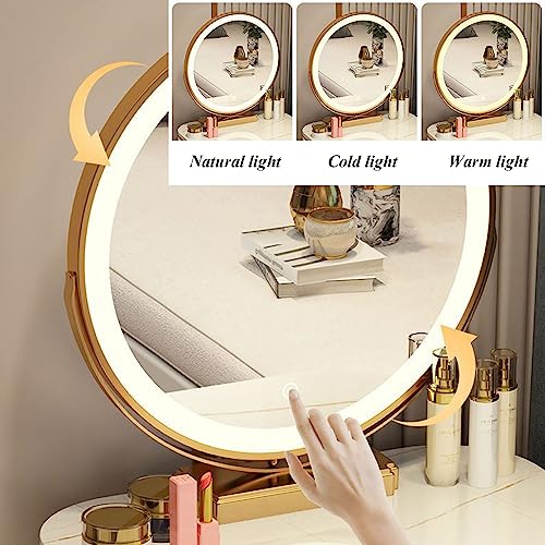 Vanity Set Makeup Dressing Table with Large Round Lighted Mirror, Glass Top, Vanity Table with 4 Drawers Sideboard and Cushioned Stool for Bedroom, Girls Women Gifts
