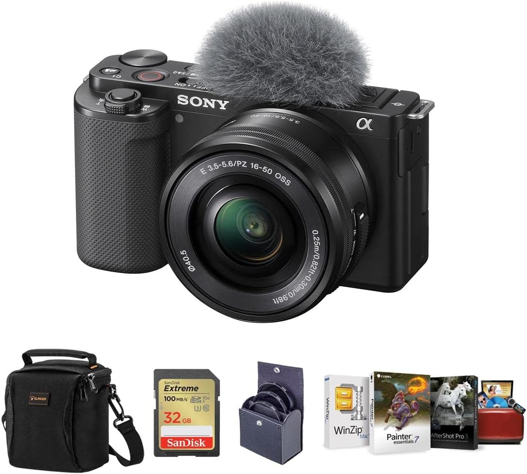 Sony ZV-E10 Mirrorless Camera with 16-50mm Lens, Black Bundle with Mac Photo Editing Software Suite, 32GB SD Memory Card, Shoulder Bag, 40.5mm Filter Kit