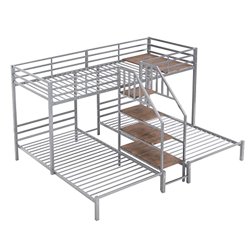 Versatility Full-Over-Twin-Twin Bunk Bed with Wardrobe and Mirror, Solid Wood Triple Bunk Bed Frame with Safety Guardrail and Built-in Shelves, 3 Beds in 1 for Kids Teens Adults (Grey-Mi)