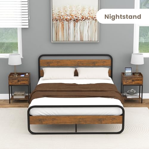 GOFLAME Nightstand with Charging Station, Narrow Bedside Table with Drawer, Open Shelf, 2 USB Ports, 2 AC Outlets, Side End Table with Metal Frame for Small Space, Living Room, Bedroom