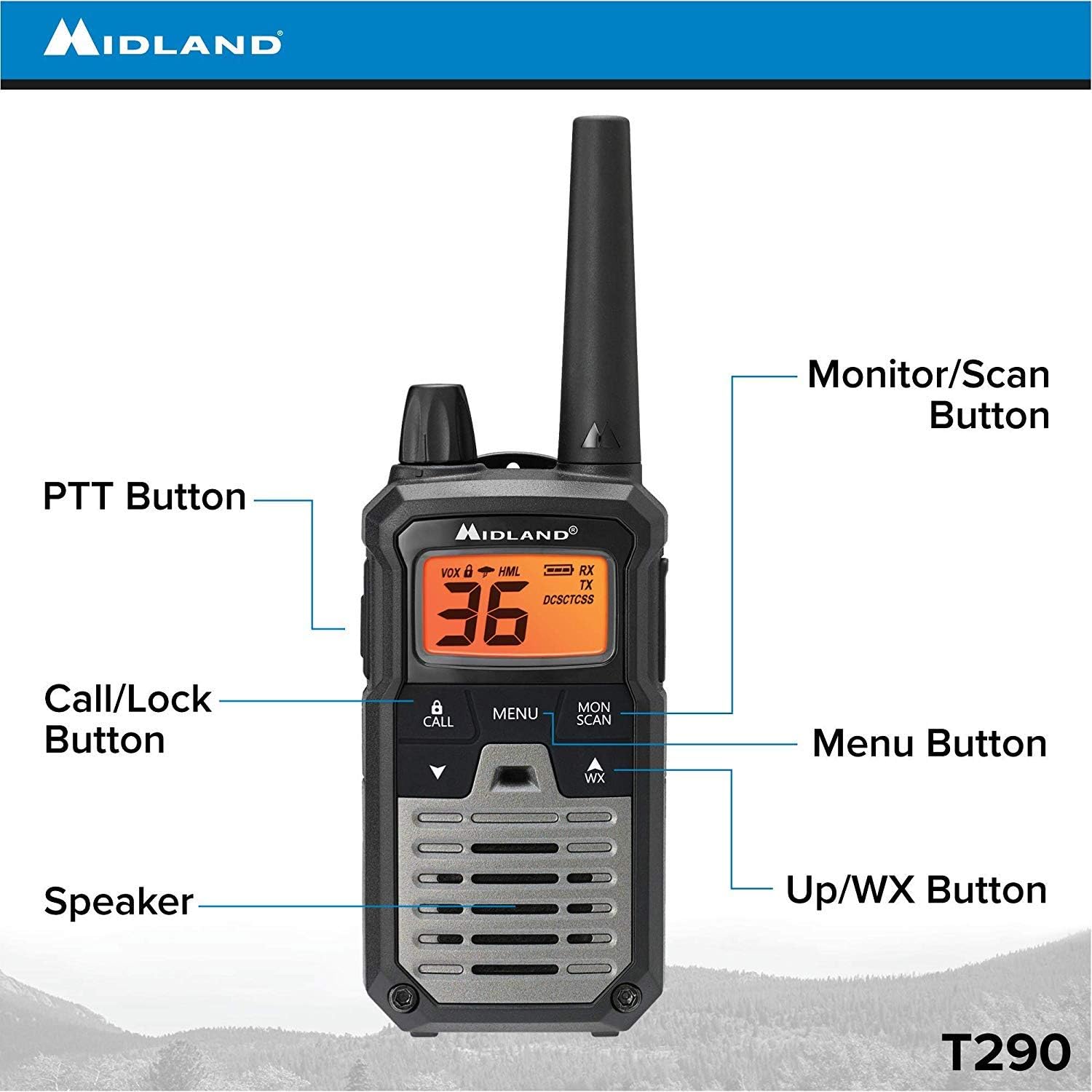 Midland T290X4VP4 X-TALKER GMRS Long Range Walkie Talkie - Two Way Radio with NOAA Weather Scan + Alert, and 121 Privacy Codes (Black/Silver, 4 Radios)