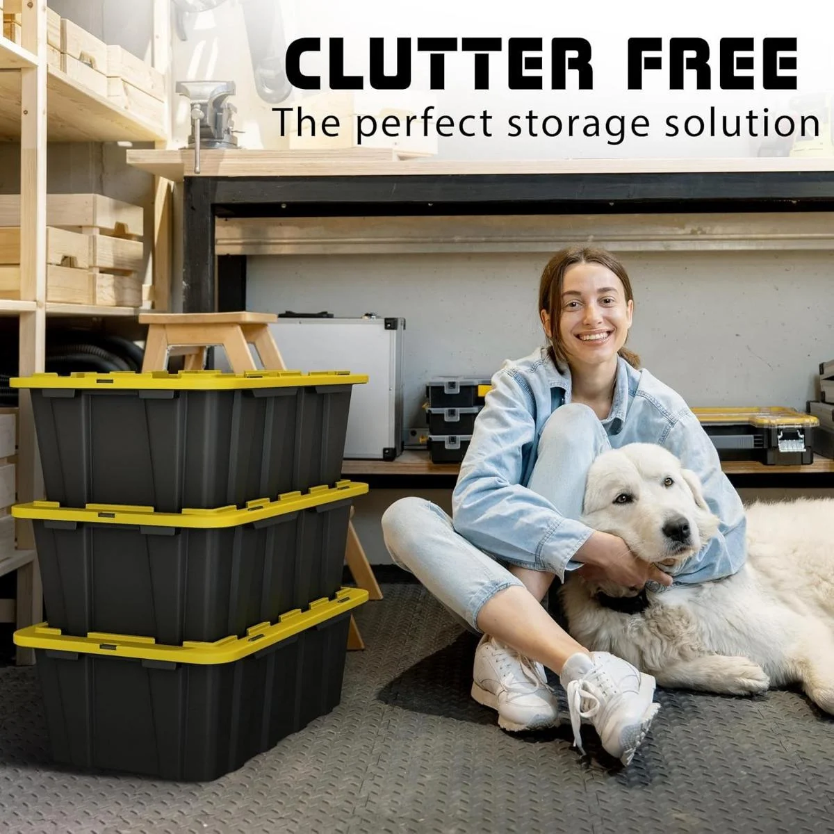 8 PACK of Medium 12 Gallon Plastic Storage Bin Tote Organizing Container with Ultra Durable Secure Latching Lids, Stackable, Extra Strength Clear with Built in Handle - Black and Yellow