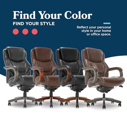 La-Z-Boy Delano Big & Tall Executive Office Chair, Ergonomic Mid-Back Body Pillow Lumbar Support, ComfortCore Memory Foam Cushion, Mahogany Wood Arms & Swivel Base, Bonded Leather, Chestnut Brown