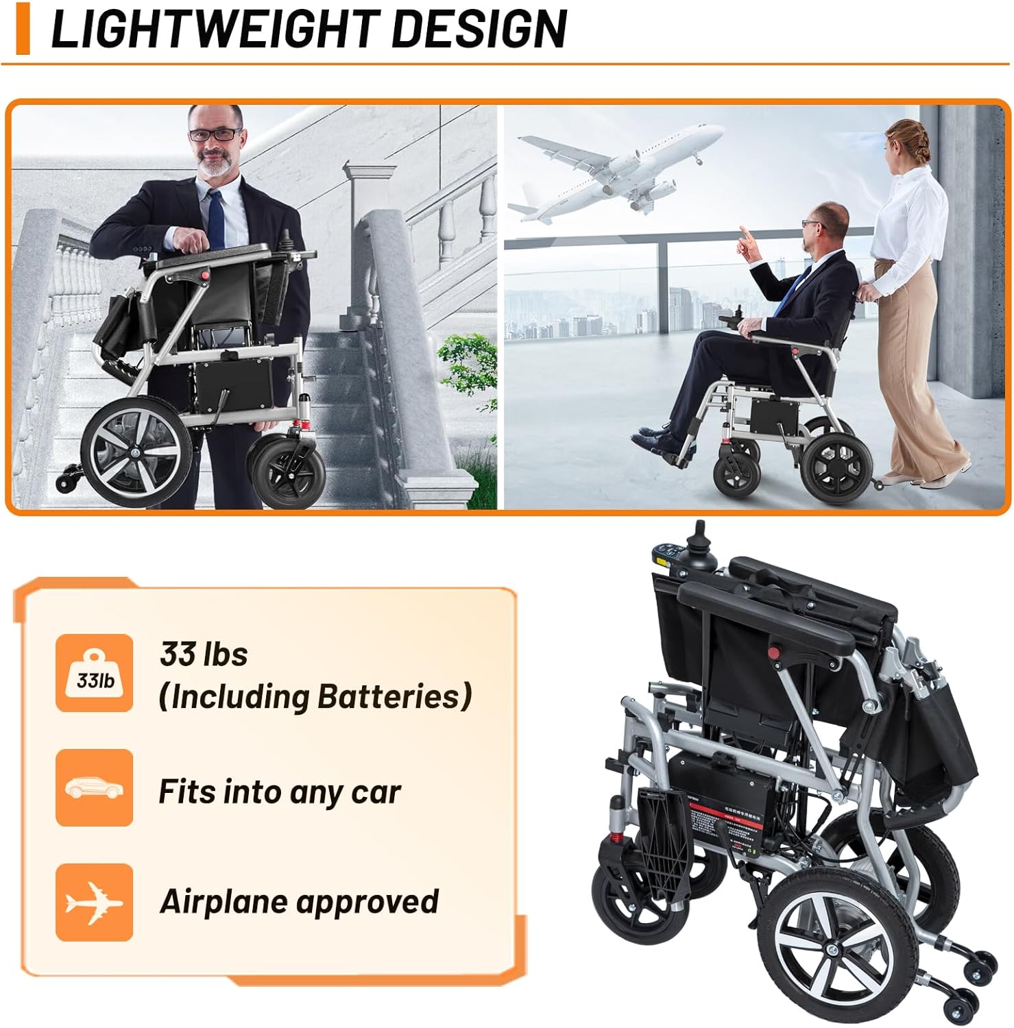 Upgraded Lightweight Portable Electric Wheelchairs, Motorized Wheelchair for Seniors, Power Wheelchair (only 33lbs), 360W Powerful Motor, 10 Miles Cruise Range, Airline Approved