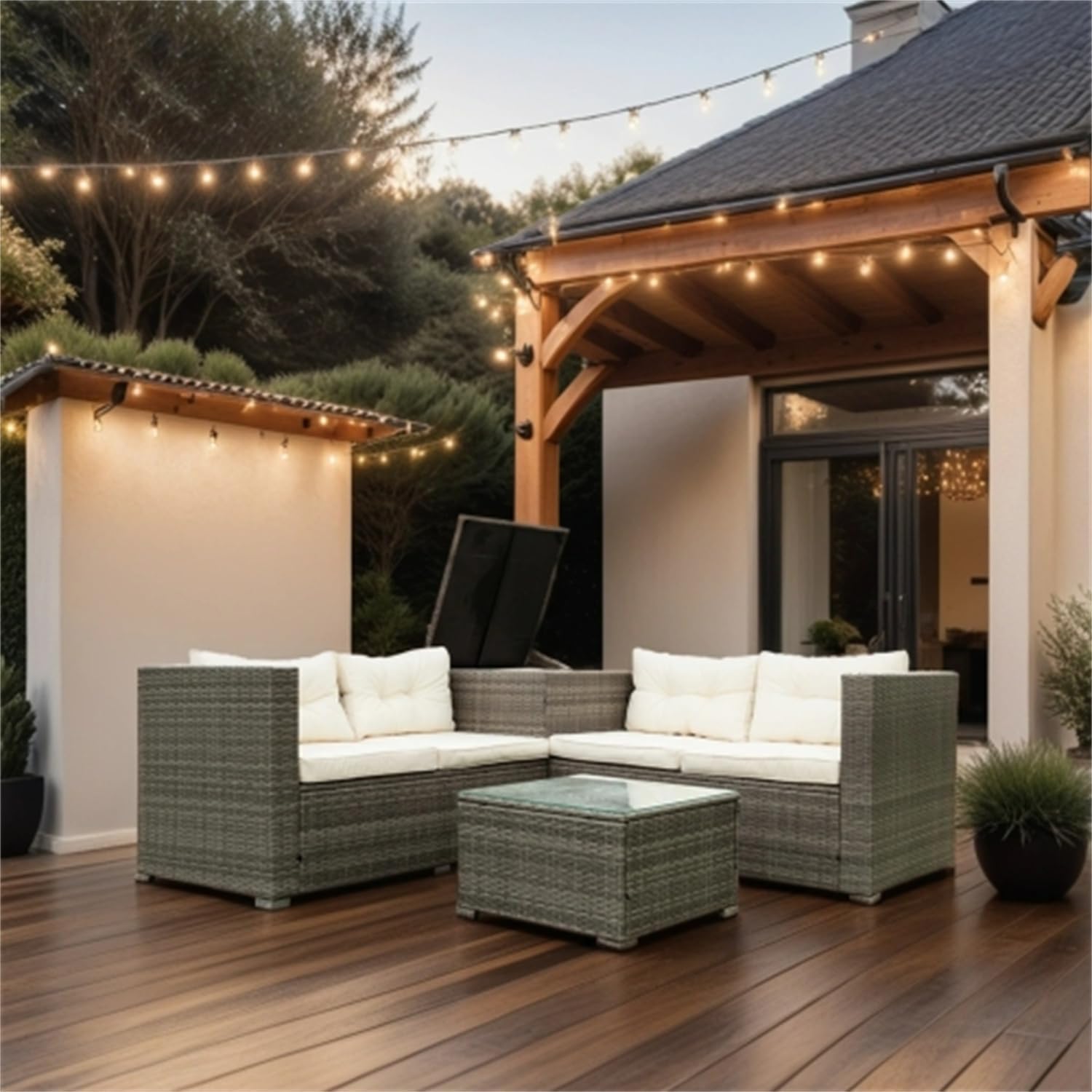 4 Piece Patio Sectional Wicker Rattan Outdoor Furniture Sofa Set with Storage Box - Grey Wicker Creme Cushion