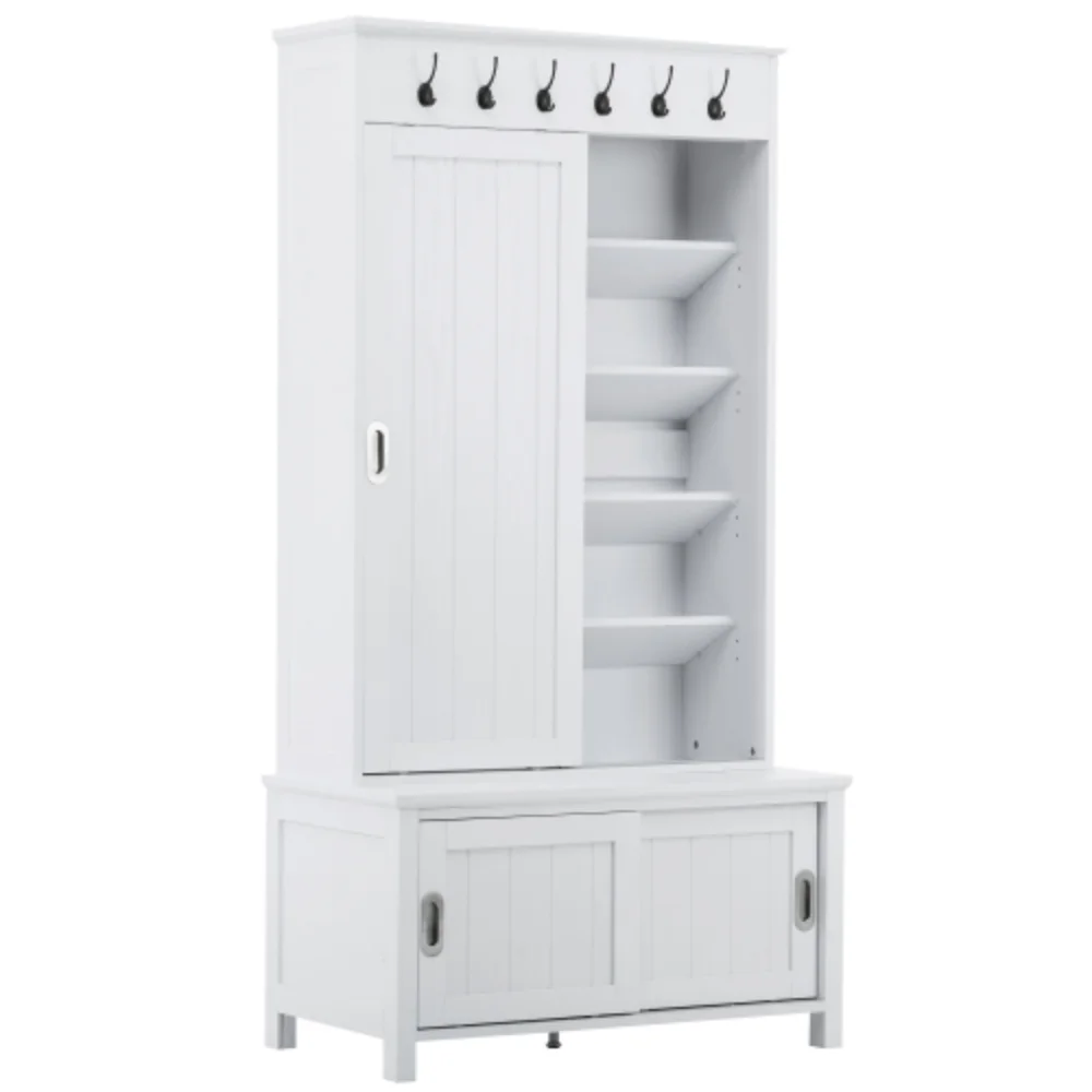 Multifunctional Hall Tree with Sliding Doors, Wooden Hallway Shoe Cabinet with Storage Bench and Shelves, Mudroom Coat Storage with Hanging Hooks for Entryways, White