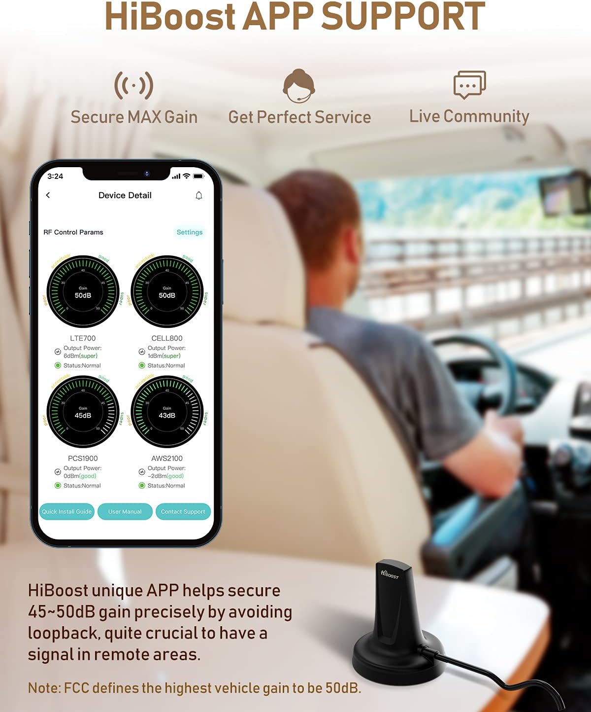 HiBoost Vehicle Cell Phone Signal Booster for Car, SUV, Van. APP fine Tune MAX gain. Car Cell Phone Booster for All U.S. Carriers-Verizon AT&T T-Mobile Sprint & More, FCC Approved