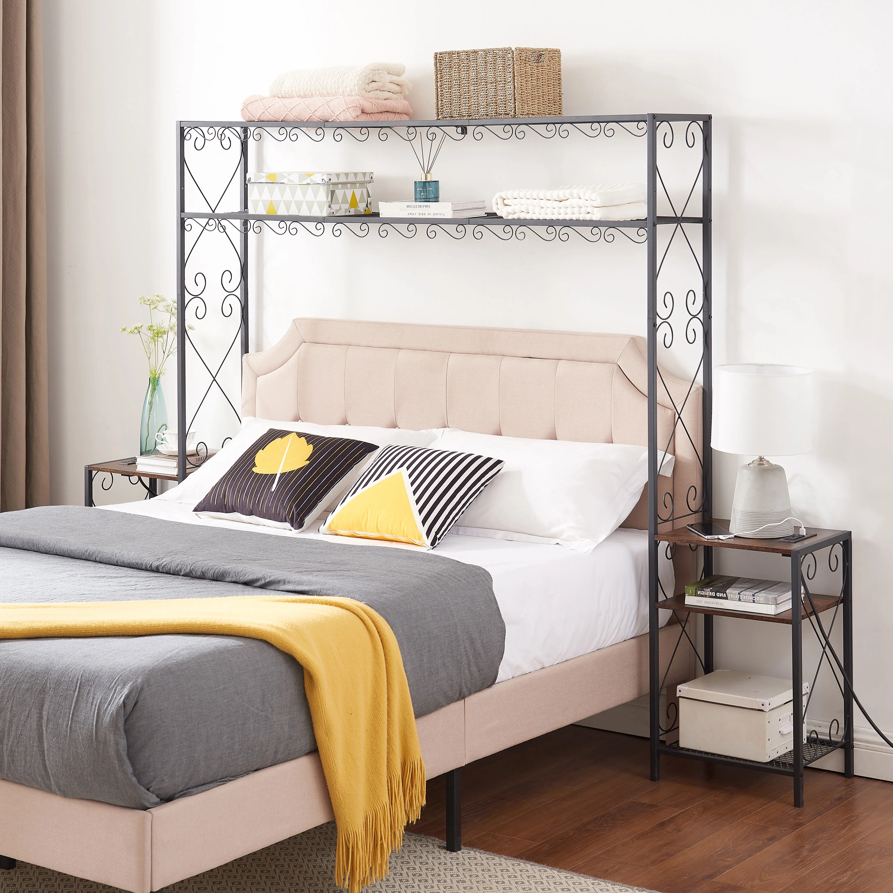 Queen Bed Frame with 2 Nightstands Headboards with Storage Cabinet, Headboard with Shelves, Bookcase Headboard Queen Easy Assembly for Bedroom Iron and Wood Rustic Brown