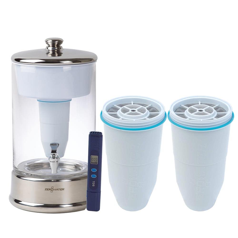 ZeroWater 40-Cup Glass Dispenser- Ready Pour Technology, 2.5 Gallon with 2 Replacement Filters and Free TDS Meter