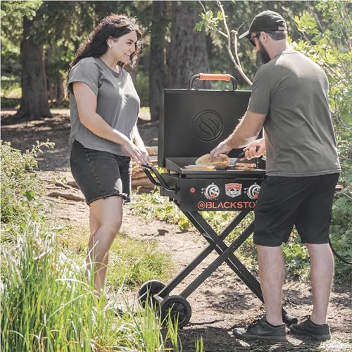Blackstone 22” On The Go Scissor-Leg Griddle with Two Burners -Stainless Steel Gas Griddle with Hood, Wheels, Side Shelf –Heavy Duty Outdoor Stainless Steel Griddle for Backyard, Patio Camping –1935
