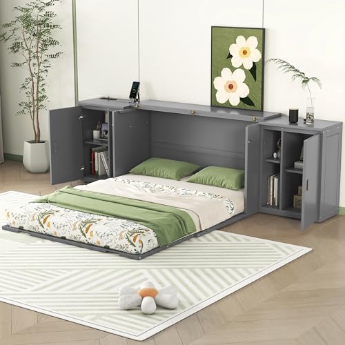 Queen Murphy Bed with Shelves, Modern Wall Bed Murphy Bed with Shelves, Cabinets, USB Ports, Wood Murphy Bed Cabinet Bed, Murphy Bed Chest Murphy Bed Frame for Guest Bedroom, Space-Saving, White