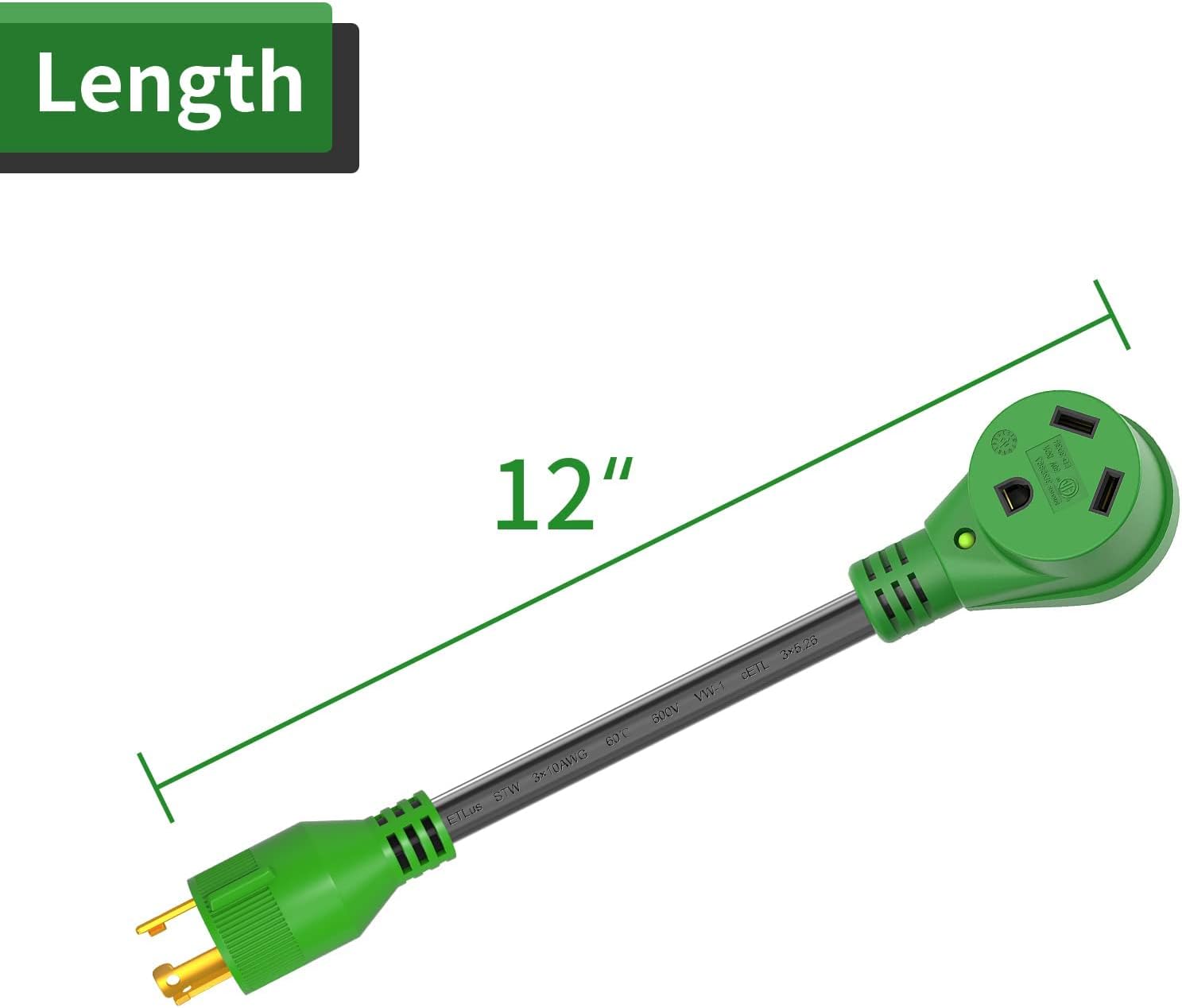 RVGUARD 4 Prong 30 Amp to 30 Amp RV Generator Adapter Cord 12 Inch, STW 10/3, L14-30P Locking Male Plug to TT-30R Female with LED Power Indicator, Green