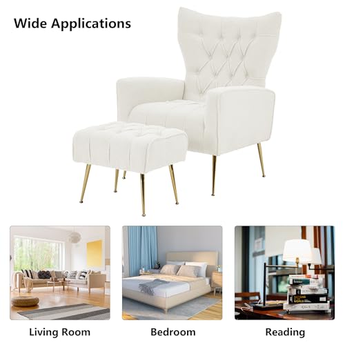 Accent Chair with Ottoman, Upholstered Tufted Boucle High Wingback Armchair with Gold Metal Legs, Club Chair with Ottoman, Reading Sofa Chair for Living Room Bedroom Office, White