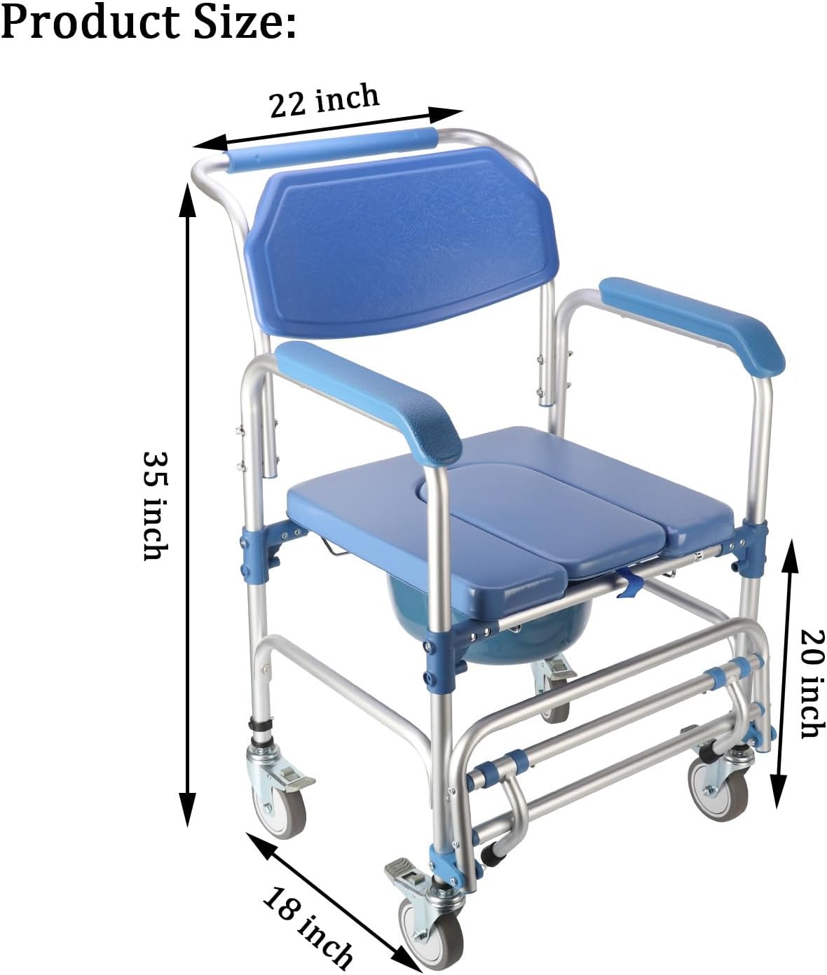 Shower Chair with Wheels 3 in 1 Commode Chair for Toilet with Arms Waterproof Rolling Transport Chair Bedside Commode for Seniors and Disabled, Weight Capacity 350lbs