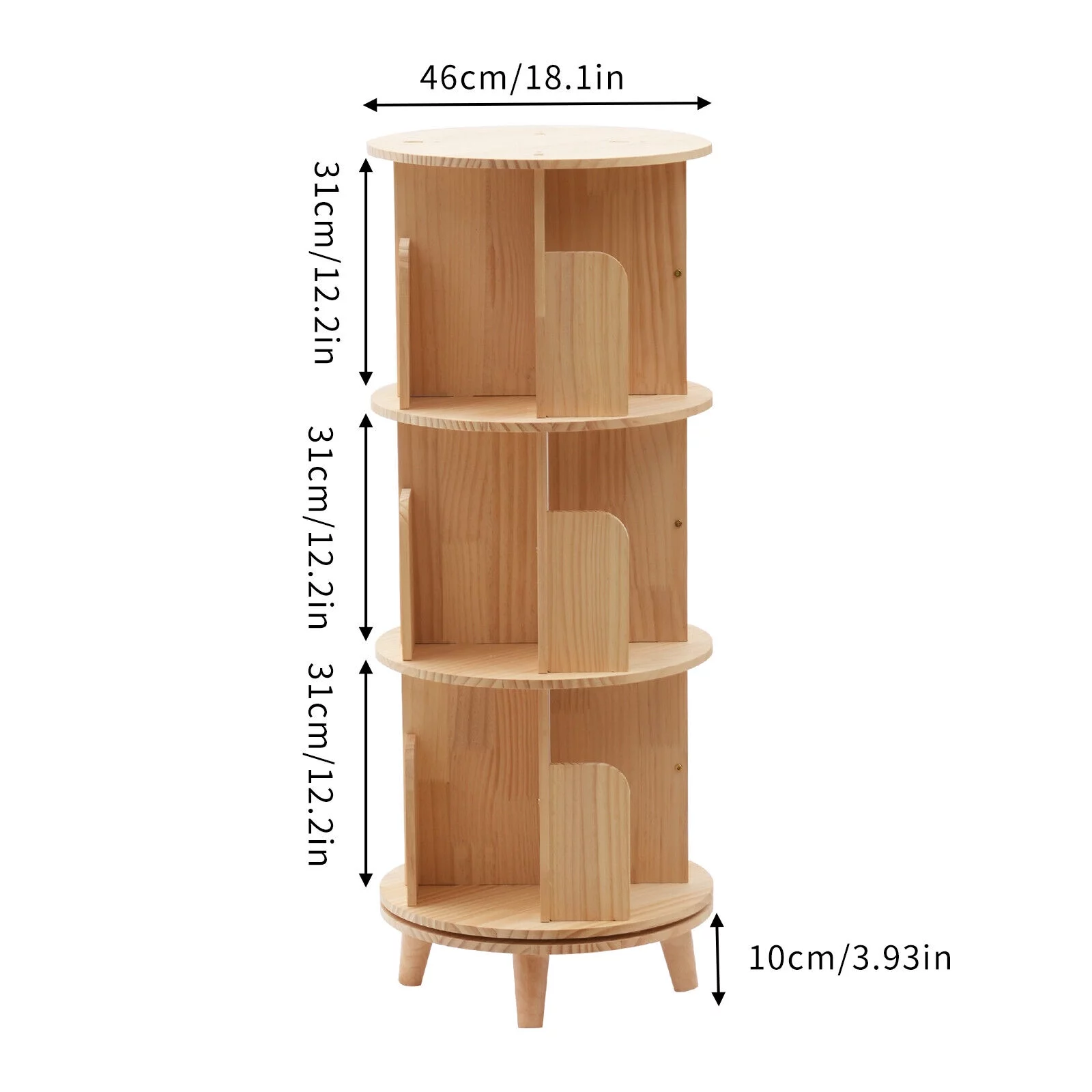 3 Tiers 360° Rotating Bookshelf Wood Bookcase Storage Shelf Freestanding Display Rack - Curated Treasures Market