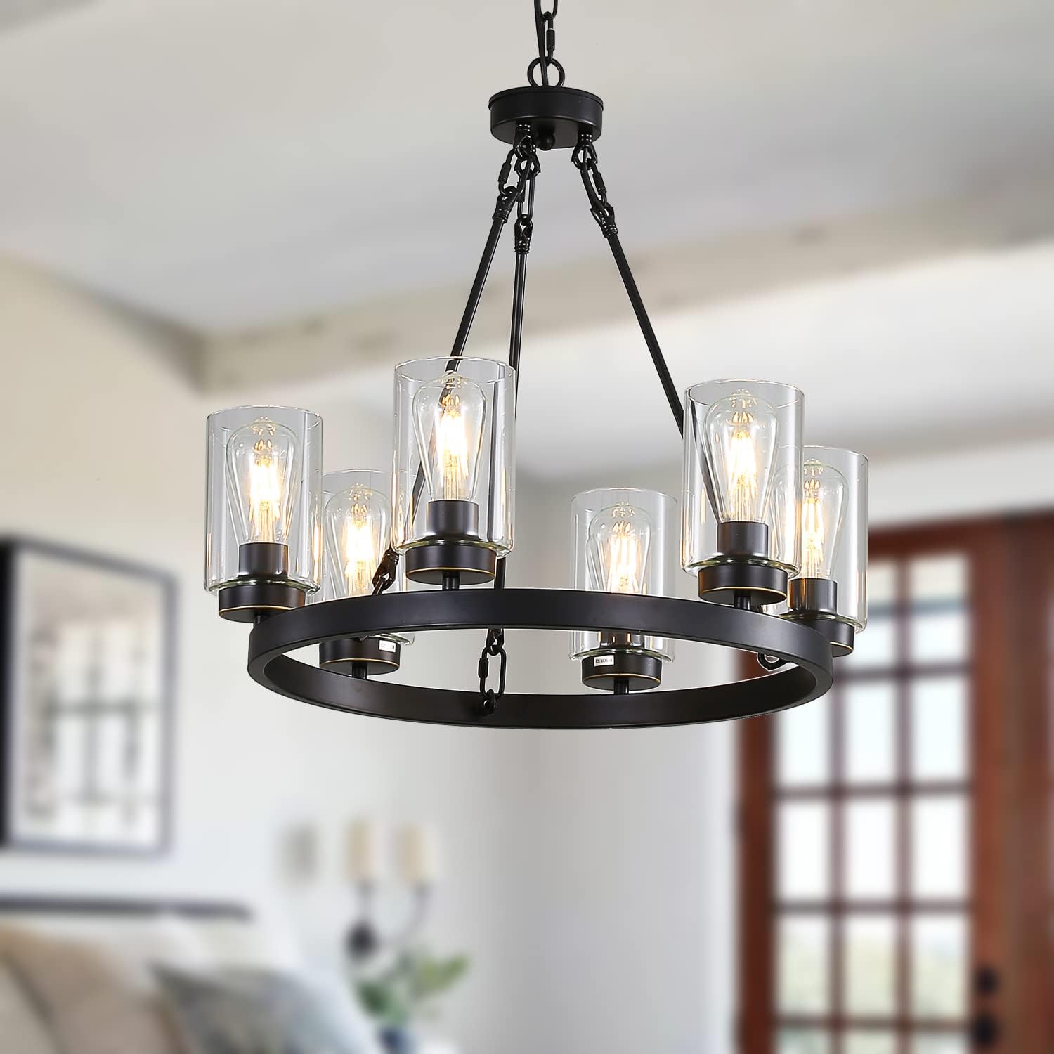 6-Light Large Industrial Rustic Farmhouse Wagon Wheel Chandelier Black Metal Large Round Dining Room Light Modern Rustic Light Fixture Iron Ring Chandelier Clear Glass Shade