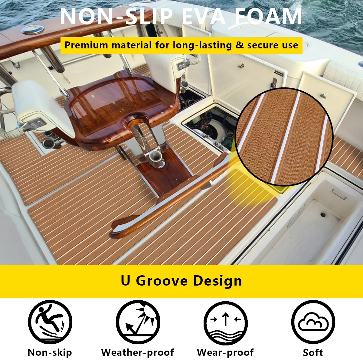 HJDECK 94"× 35" EVA Foam Boat Decking Sheet Faux Teak Decking Self-Adhesive Marine Yacht RV Swimming Pool Boat Flooring Sheet Thick Non-Skid