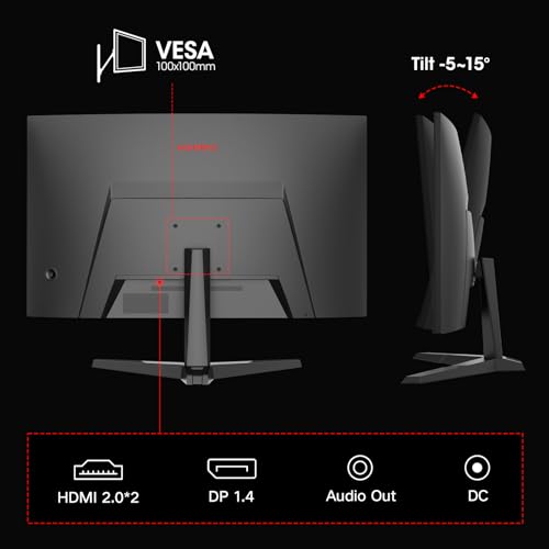 KOORUI 27 inch Gaming Monitor, QHD (2560 x 1440) R1500 180Hz Curved Monitor, AdaptiveSync with 1ms Computer Monitor, VESA Compatible, HDR10, 1 x Display Port 1.4 & 2 x HDMI 2.0, Eye Care 27E6QCA