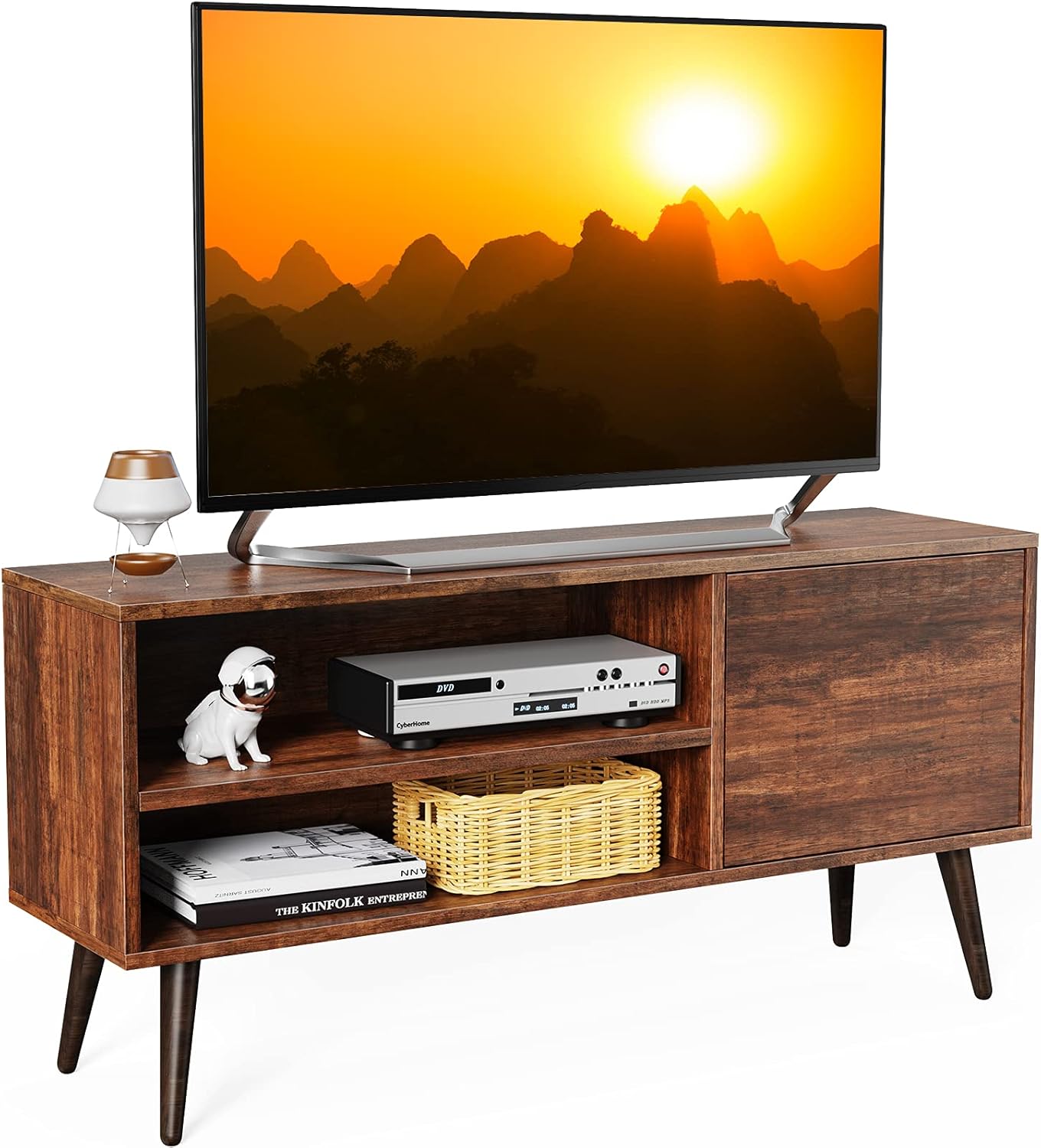 TV Console Table with Storage for TV up to 55 in, Retro TV Stand for Media Cable Box Gaming Consoles, Mid Century Modern TV Stand & Entertainment Center Wood TV Stand for Living Room Bedroom, APRTS01