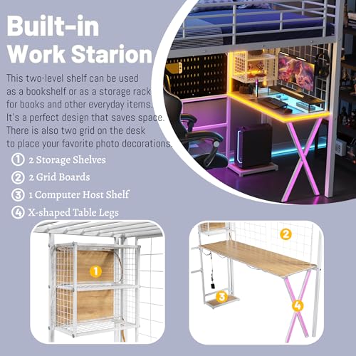 Full Size Loft Bed with Desk and Stairs,Metal Gaming Loft Bed Full with Wardrobe and Shelf, High Loft Bed with LED & USB Charging Station for Teens, Adults, Space Saving Design,Black