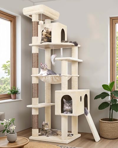 Globlazer Heavy Duty Cat Tree, 70 inch Sturdy Cat Tree for Indoor Cats Extra Large Cat Tower with Scratching Post, Hammock, Cat Condo for Adult Cats Kittens, F70 Pro, Light Grey