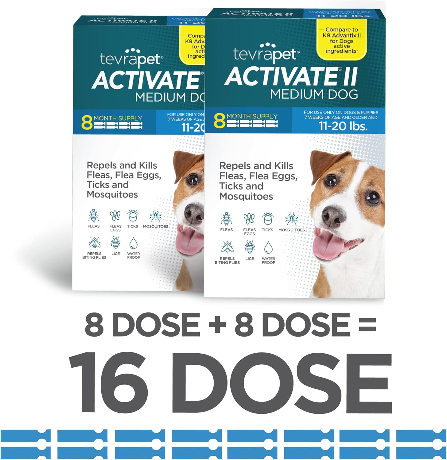 TevraPet Activate II Flea and Tick Prevention for Dogs | Medium 11-20 lbs | 16 Monthly Doses | Fast Acting Treatment | Repels Mosquitoes