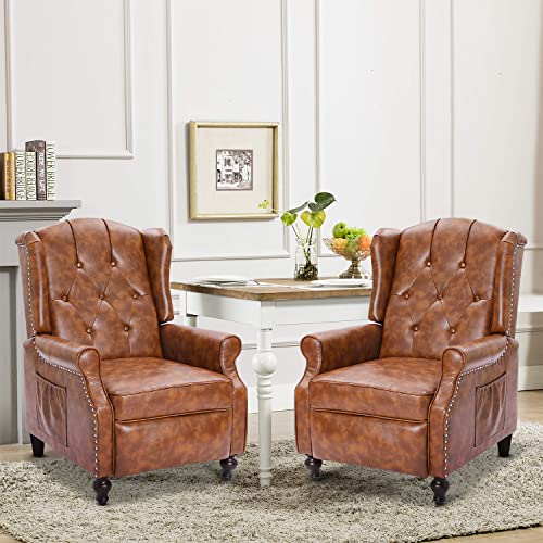 Wingback Recliner Chair with Massage and Heat, Tufted Fabric Pushback Recliner Chair, Wingback Chair with Remote Control, Padded Cushion, Wooden Legs, Small Recliners for Small Spaces
