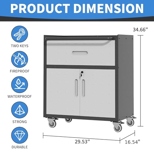 Metal Storage Cabinet with Wheels, Lockable Garage Cabinet with Doors and Shelves, Rolling Tool Storage, Assembly Required, Black