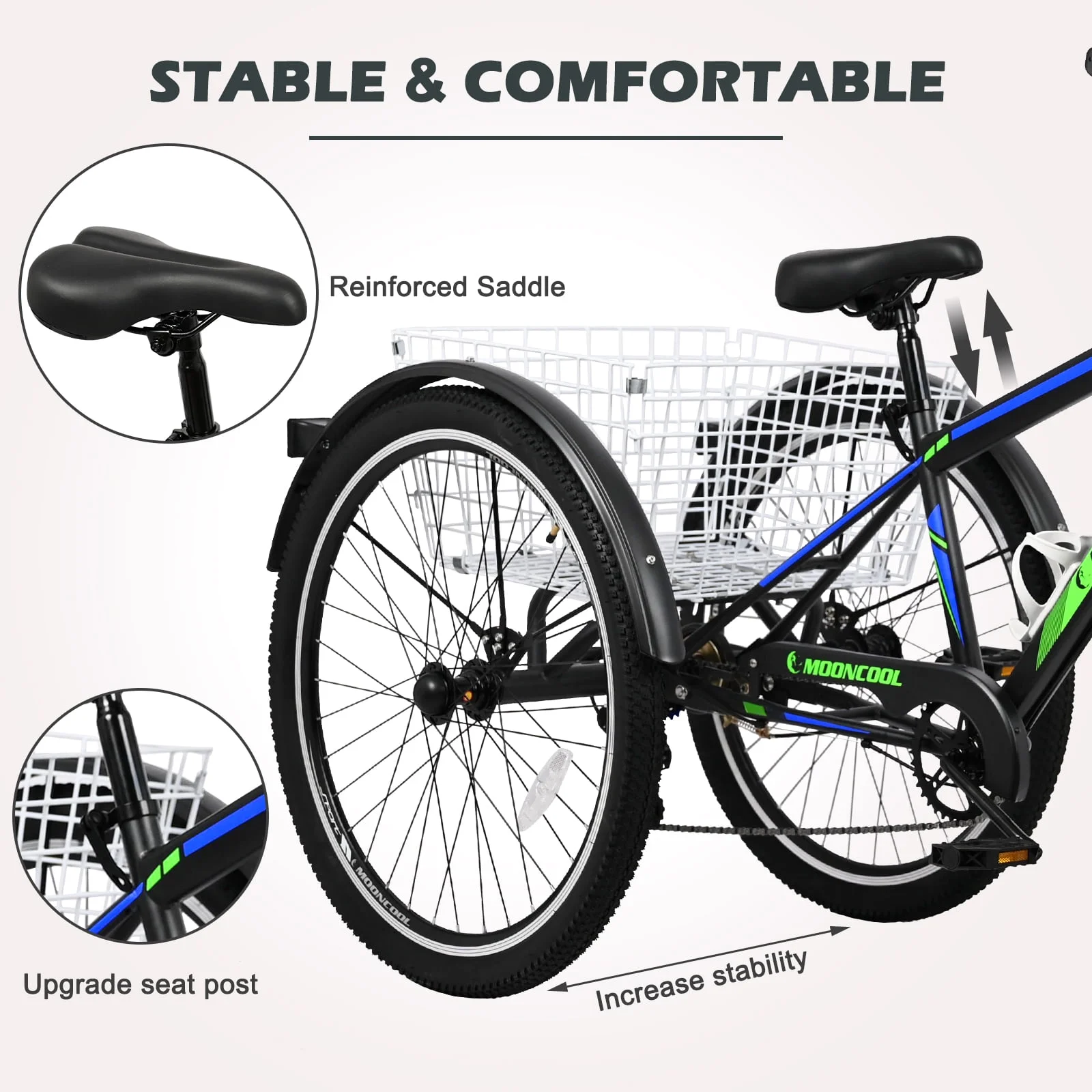 Lilypelle Adult Mountain Tricycle 24/26/27.5 Inch Low step through Mountain Bike Cruiser Trikes for Adults 7 Speed Three Wheel Trike Bike Bicycle with Large Basket