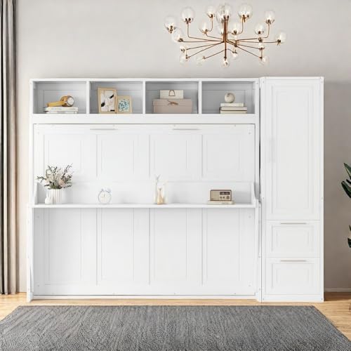 SOFTSEA Queen Size Horizontal Murphy Bed, Queen Murphy Bed with Desk Wardrobe Storage Shelf, Queen Hideaway Wall Bed with Drawers Space-Saving for Guest Room Bedroom or Office, Gray