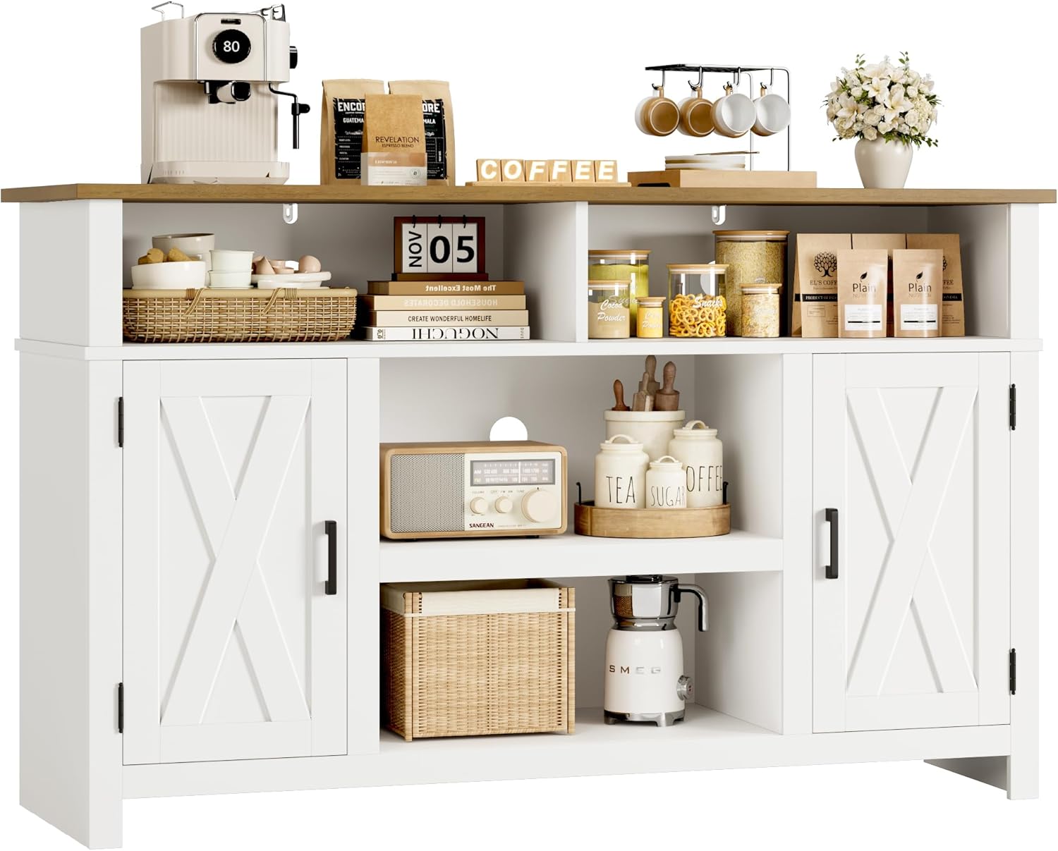 HOSTACK 55'' Modern Farmhouse Sideboard Buffet Cabinet with Storage, Large Barn Door Coffee Bar Station, Wood Kitchen Storage Cabinet with Shelves, Accent Cabinet Console Table for Living Room, White