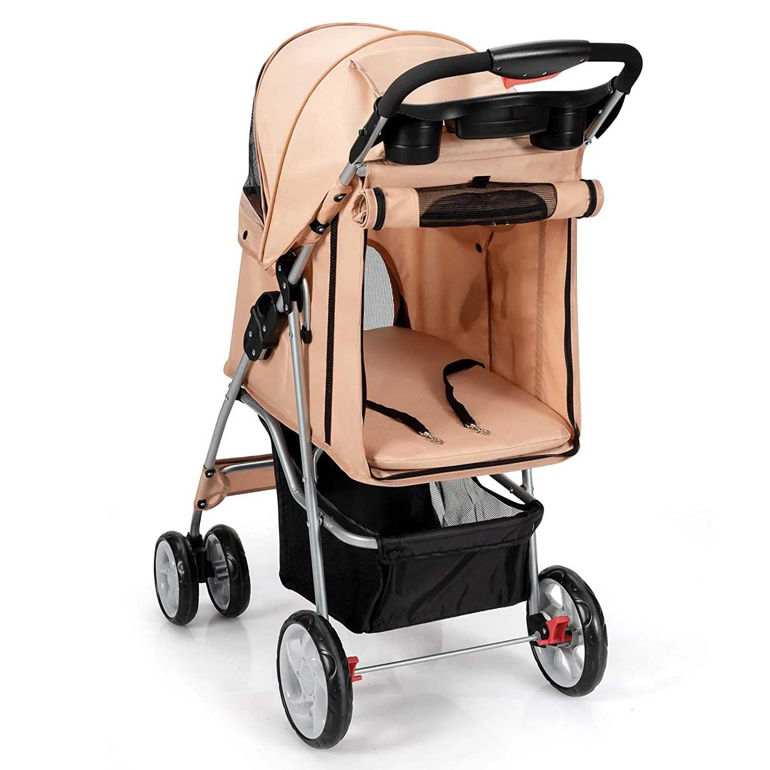 Folding Dog Stroller, Pet Stroller for Small Medium Dogs Cats Puppy, 4 Lockable Wheels Cat Stroller Travel Carrier Strolling Cart with Safety Belt, Removable Liner and Storage Basket (Navy)