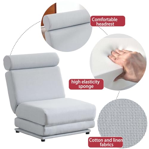 Folding Sofa Bed with Pillow, Foldable Sleeper Sofa Chair Bed, Memory Foam Convertible Floor Couch, Easy to Store, Made of Breathable and Wearable Linen (Light Grey-Blue)