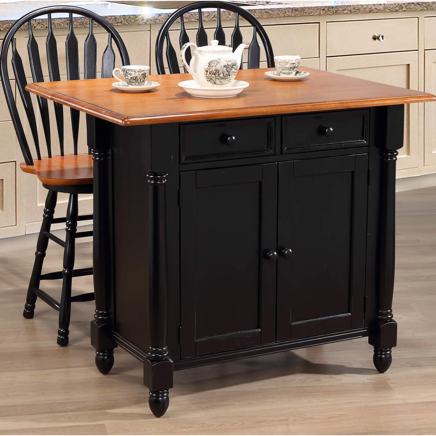 Antique Black Expandable Kitchen Island with Cherry Drop Leaf Top, Drawers and Cabinet