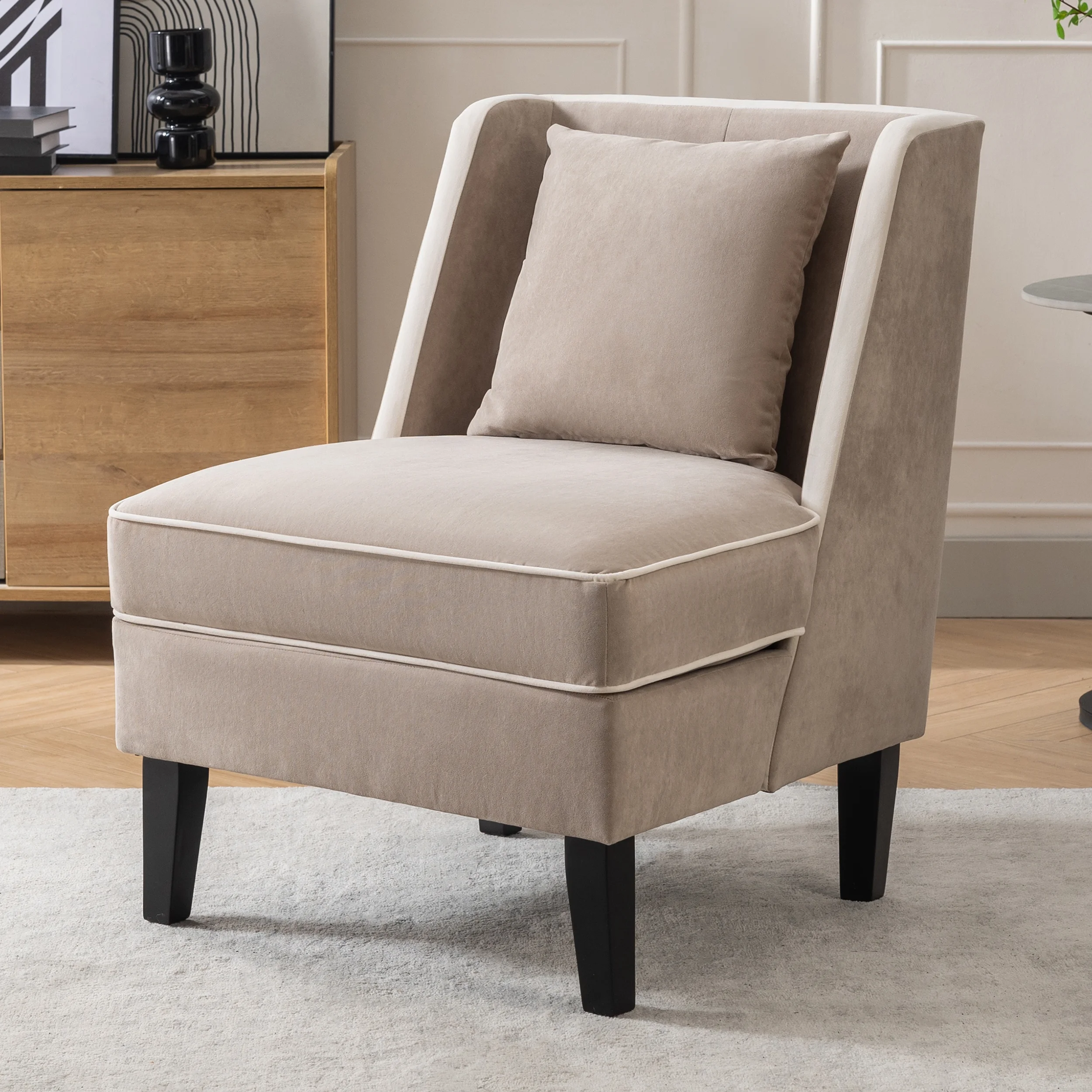 CoSoTower Velvet Upholstered Accent Chair with Cream Piping, Tan and Cream
