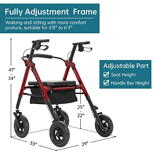 ELENKER Heavy Duty All-Terrain Rollator Walker with Extra Wide Padded Seat and Backrest, Bariatric Rolling Walker, 10" Non-Pneumatic Wheels, Supports up to 500lbs for Seniors, Red