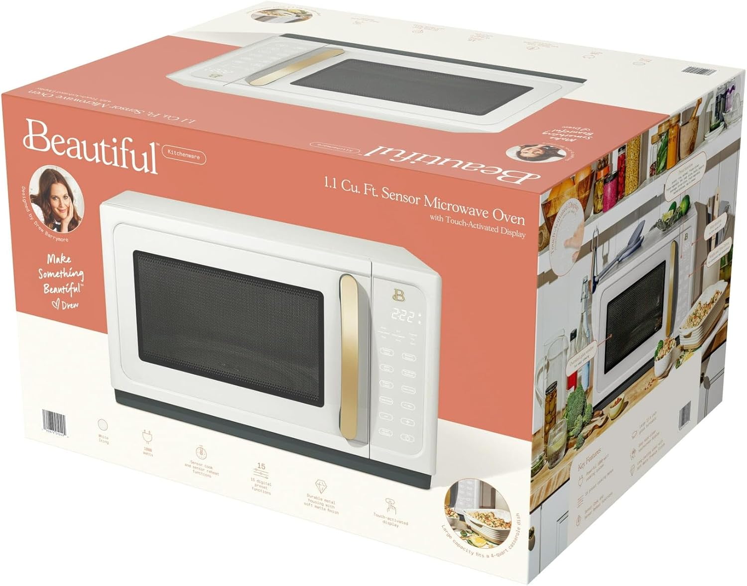Beautiful By Drew Barrymore 1.1 Cu Ft 1000 Watt Sensor Microwave Oven with Turntable, White Icing