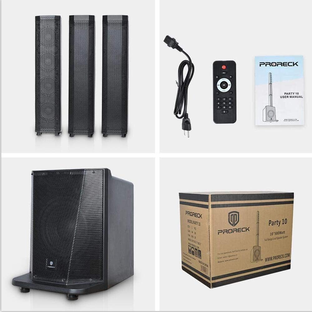PRORECK PARTY 10 Portable 10-Inch 500 Watt Line Array Column Powered DJ/PA System Stage Tower Speaker with Bluetooth/USB/SD Card/Remote Control