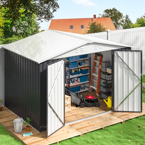Polar Aurora 10x14 Outdoor Storage Shed, Garden Shed with Updated Frame Structure and Lockable Doors, Metal Tool Sheds for Backyard Garden Patio Lawn, White