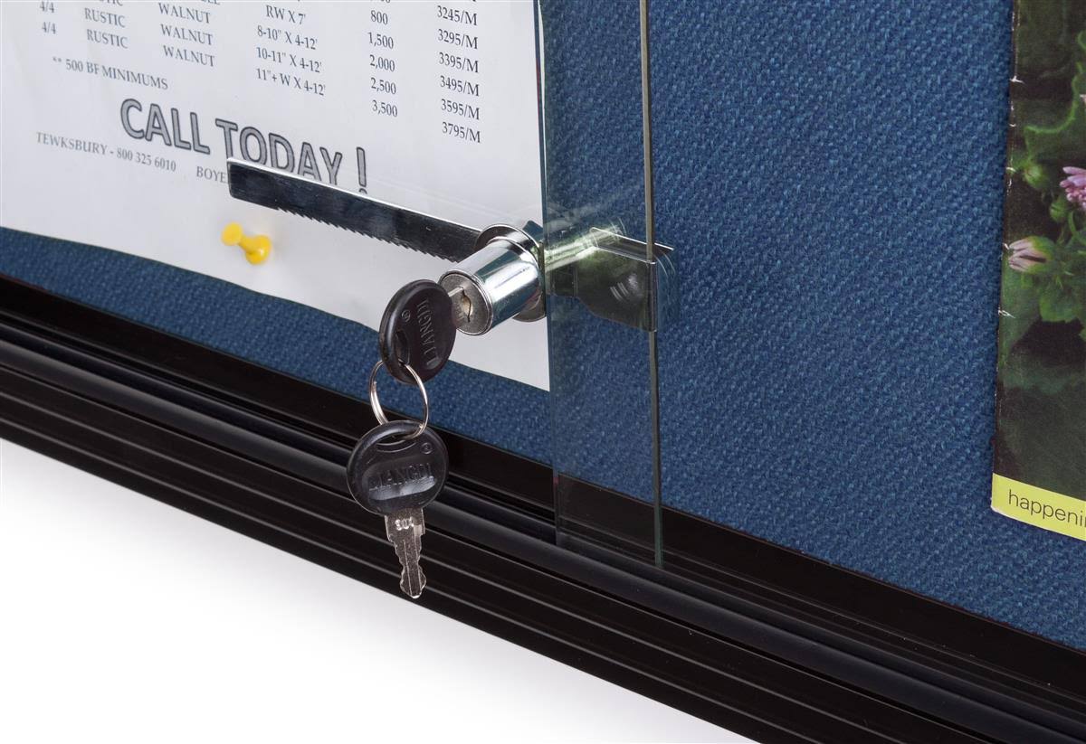 Locking Bulletin Board, 48 inch x 36 inch, Blue Fabric, Sliding Glass Doors (fbsd43bkbl), Black