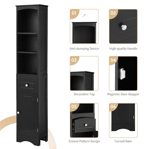 Tall Bathroom Cabinet,Narrow Storage Cabinet,Wooden Bathroom Cupboard with Door and Adjustable Shelf,Three Tier Shelves,Tall Slim Cabinet,Free Standing Linen Tower (Grey)