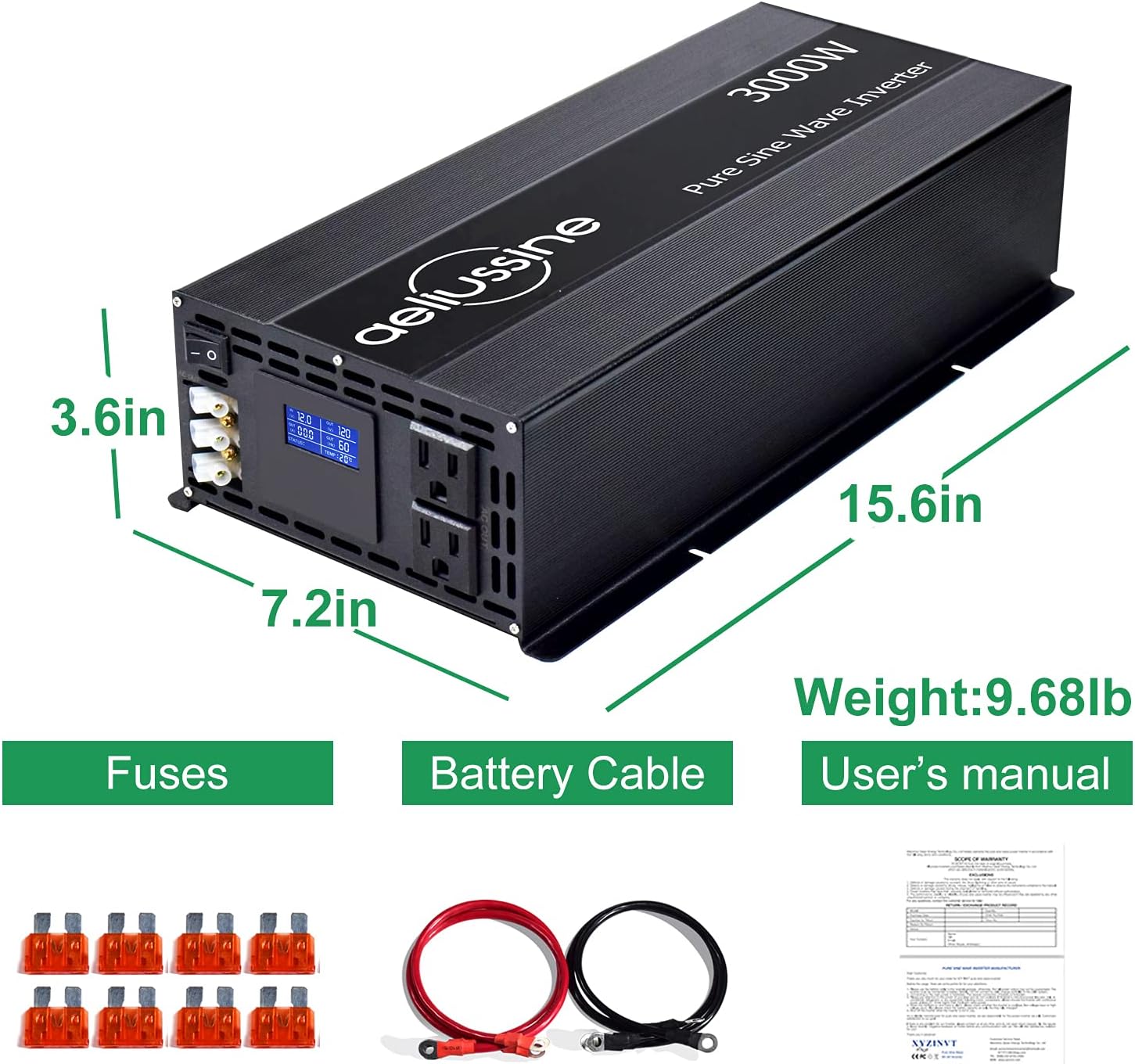 aeliussine 2000w Inverter Pure Sine Wave Power Inverter 48v dc to ac 110v 120v with Hardwire Terminal, LCD Display, for Car RV, Truck, Yacht, and Off Grid Solar Power System (2000w 48v)