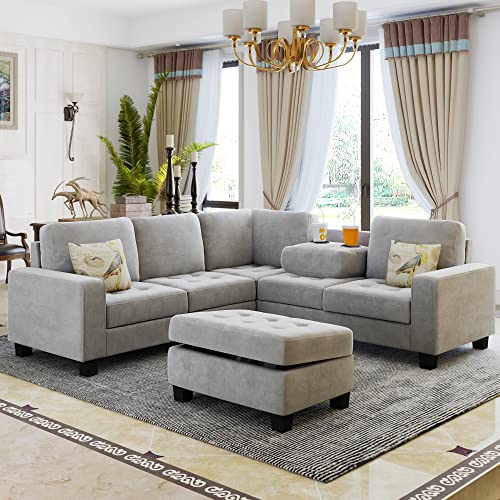 Sectional Corner Sofa L-Shape Couch Space Saving with Storage Ottoman & Cup Holders Design for Large Space Dorm Apartment,Light Grey Living Room Sectionals