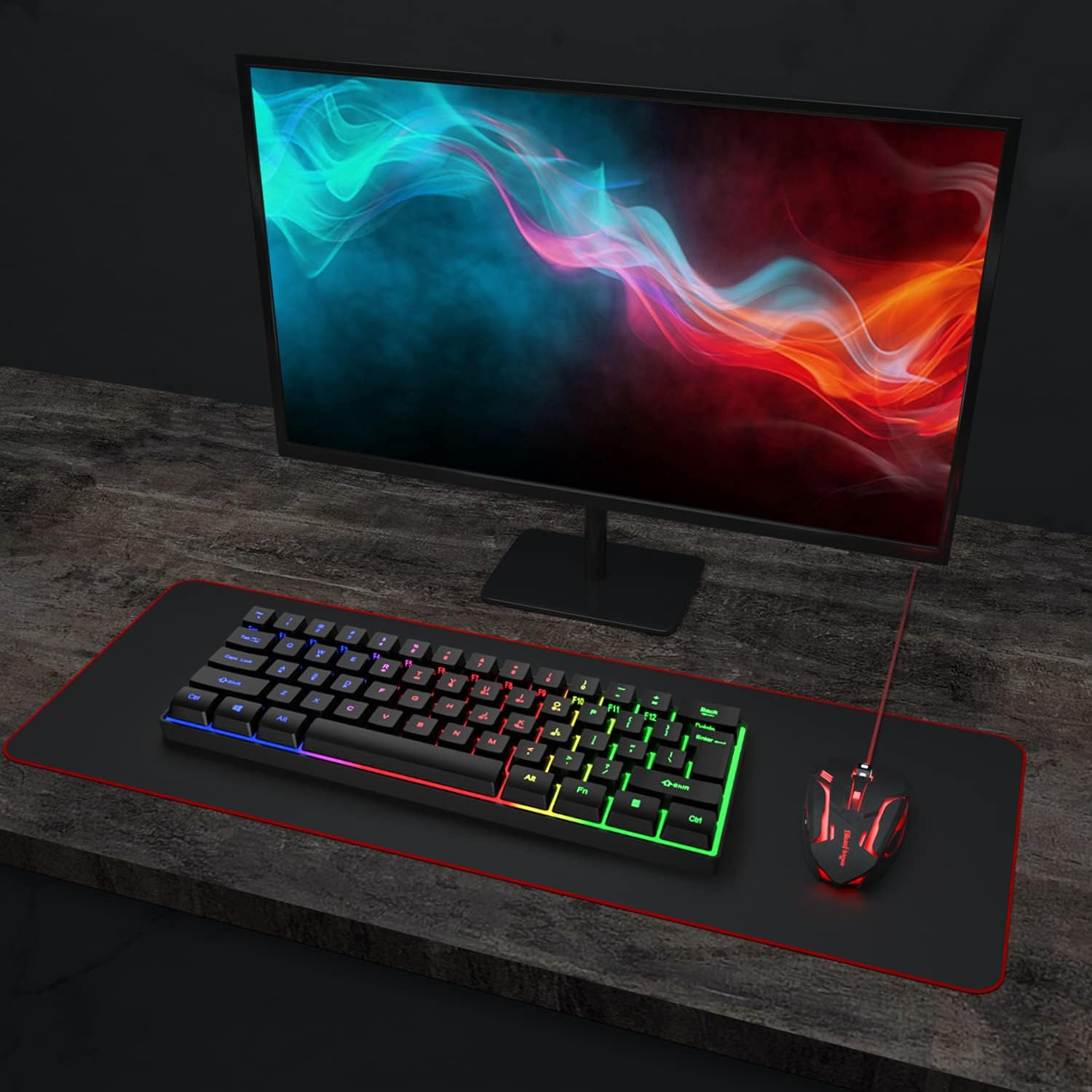 Bluefinger 60% Gaming Keyboard and Mouse Combo, Compact 61 Keys RGB Rainbow Backlit USB Wired Gaming Keyboard with Illuminated Gaming Mouse for PC Laptop Computer Gamer Office Work