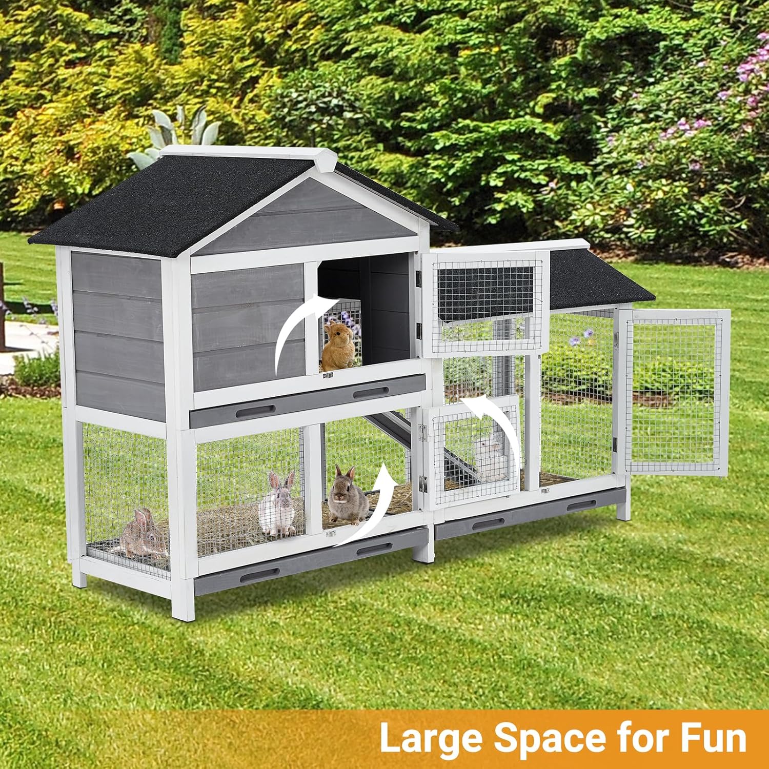 Gravee Two Floors 62" Wooden Outdoor Indoor Roof Waterproof Bunny Hutch Rabbit Cage Guinea Pig Coop PET House for Small to Medium Animals with Stairs and Cleaning Tray PET537