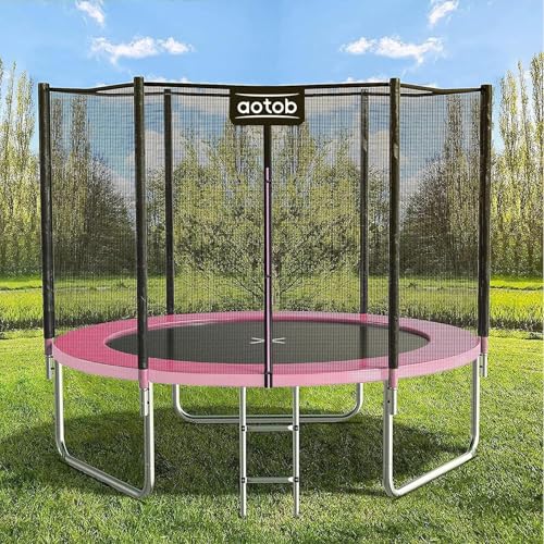 AOTOB 8FT 10FT 12FT 14 FT 15FT Trampoline with Safety Enclosure Net，Outdoor Trampoline with Basketball Hoop, Heavy Duty Jumping Mat and Spring Cover Padding for Kids and Adults, Storage Bag and Ladder