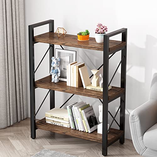 4 Tier Bookshelf Rustic Solid Wood Industrial Style Bookcase,Metal and Real Wood Vintage Bookshelf,Book Shelves Home Office, Retro Brown,Dark Matching credenza (4Tiers)