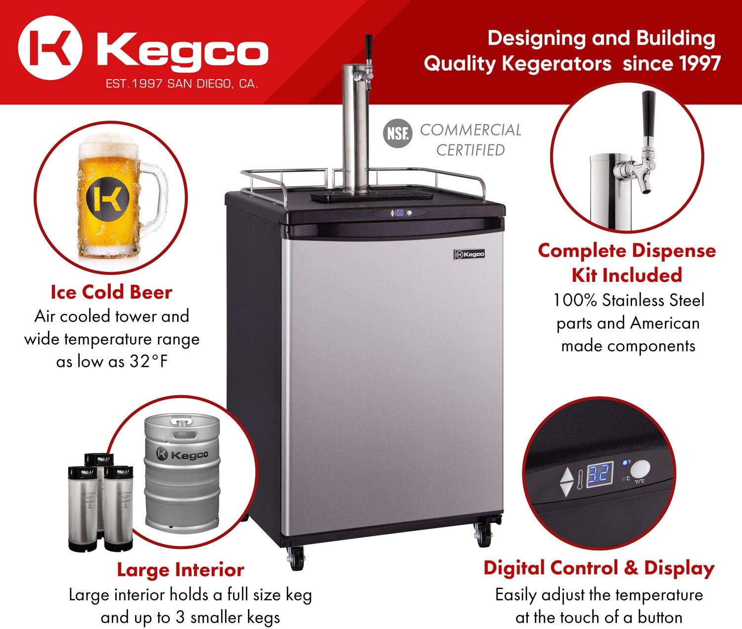 Kegco Kegerator, Single Tap, Stainless Steel